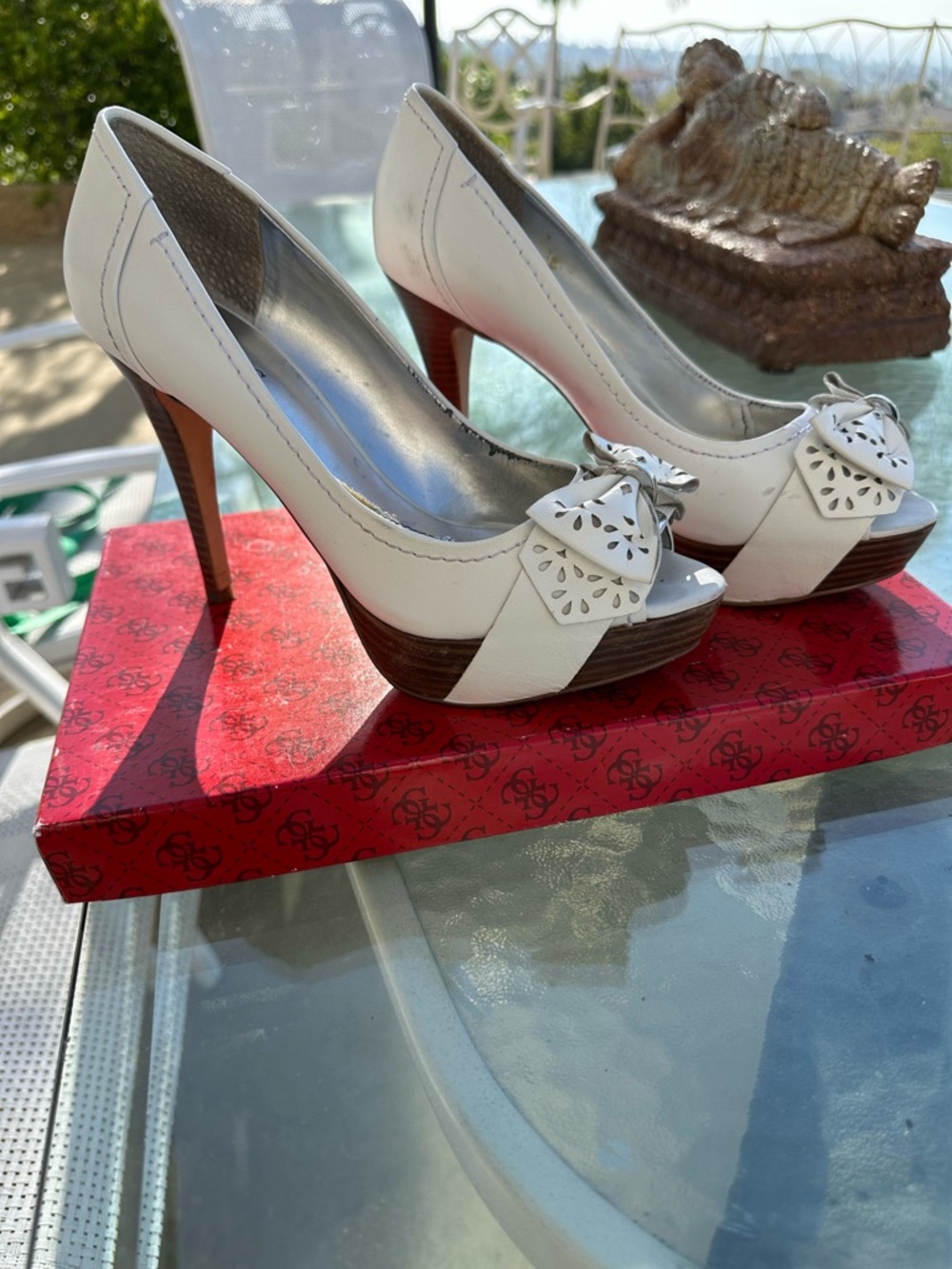 Guess White Peep-Toe Platform Heels with Bow Accent